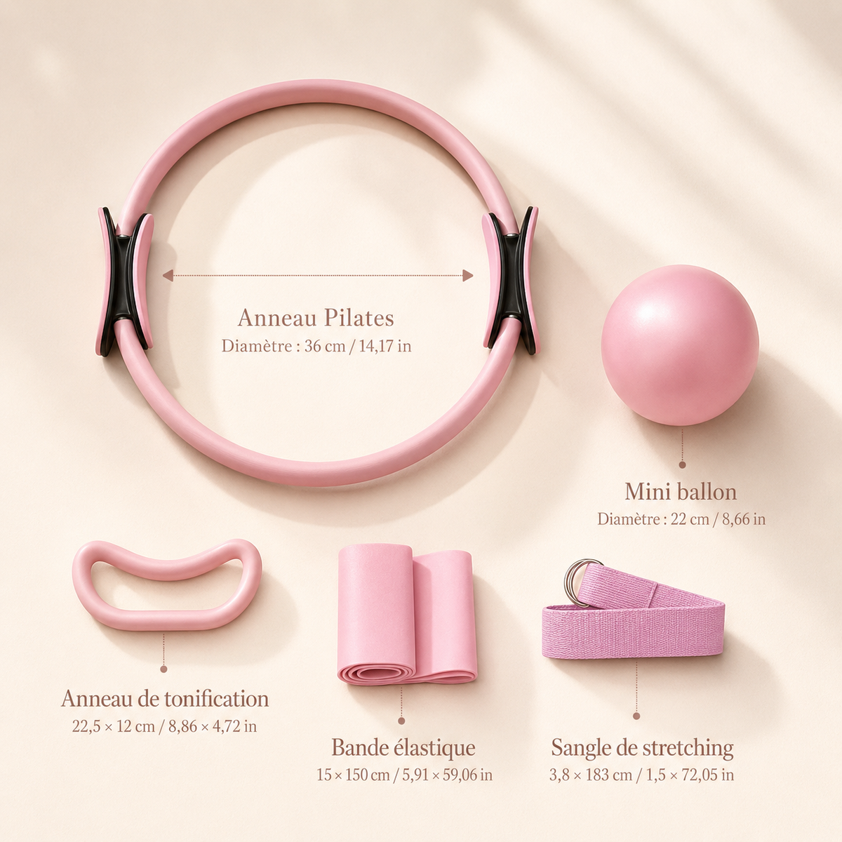 Kit Pilates 5 pièces avec anneau, ballon et bandes — Rose
