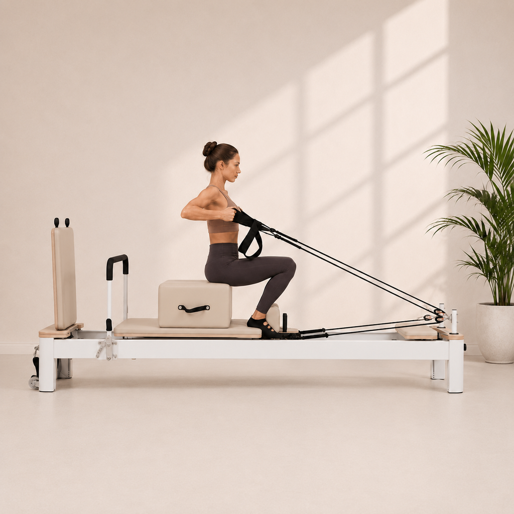 Reformer Pilates fixe en aluminium beige — Piloria Studio
